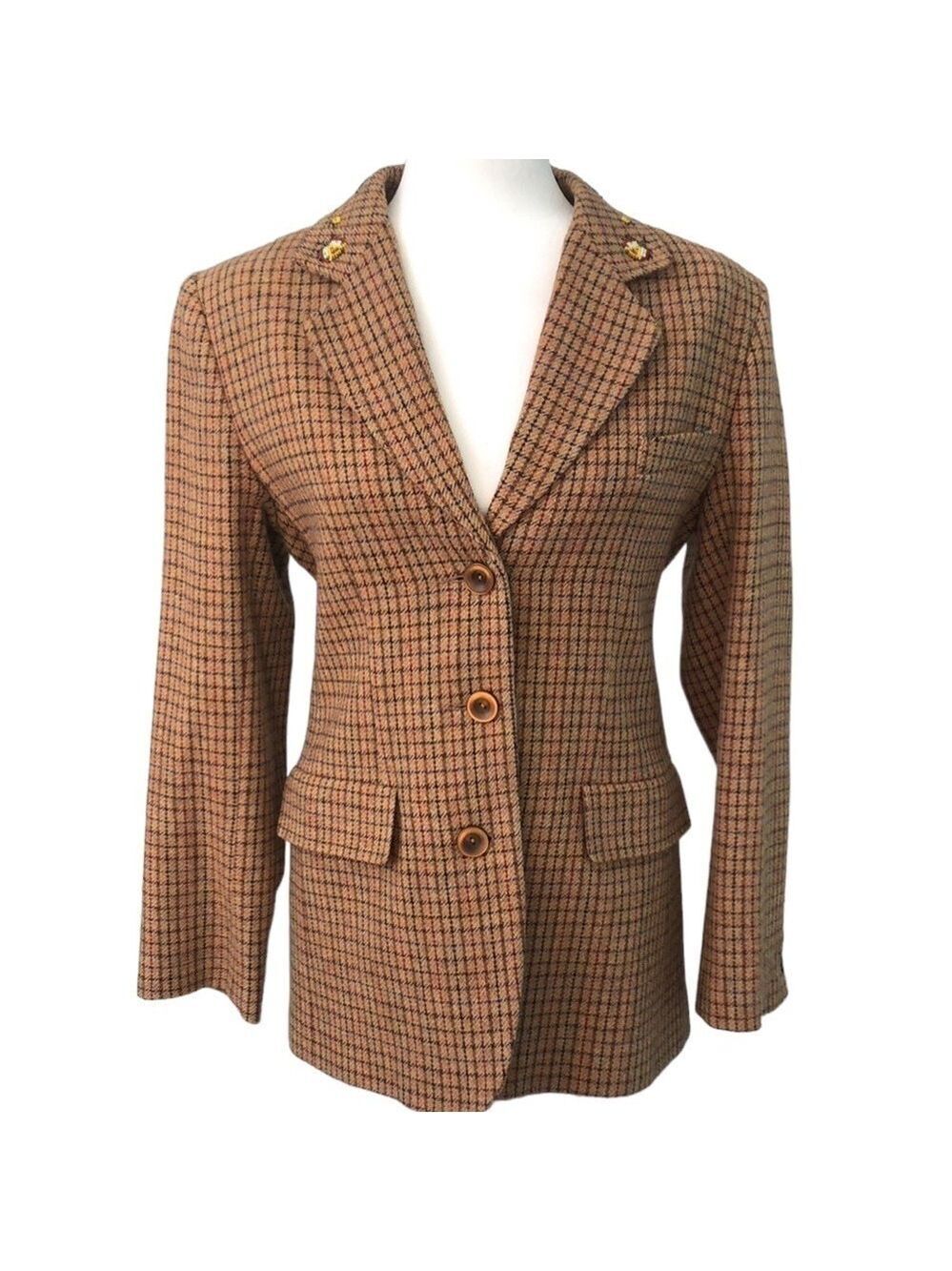 Armand Ventilo Brown Houndstooth Print Wool Blazer Beaded Collar, French Size 40